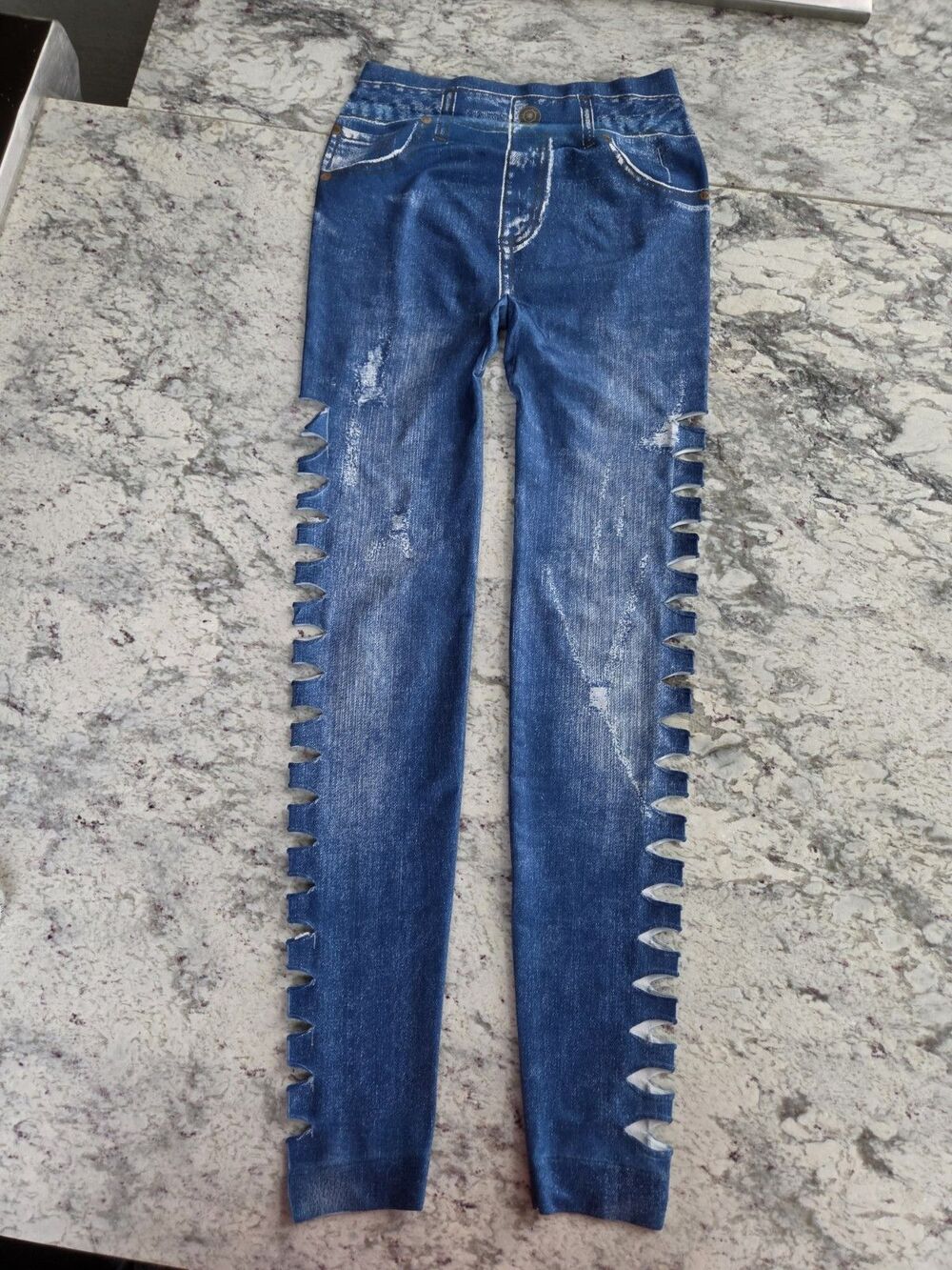 Womens Sexy Cutout Leggings Jean Print XS High Waist Faux Distressed Y2K Clubing